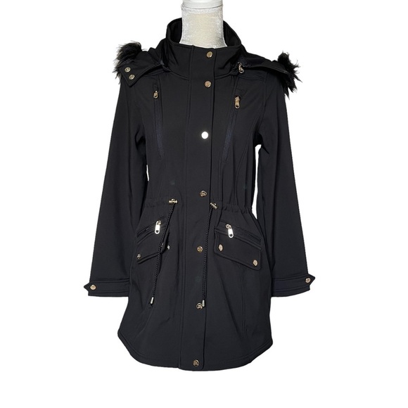 Steve Madden Women’s Black Parka Anorak Hooded Jacket Size M Faux Fur Trim - Picture 1 of 9